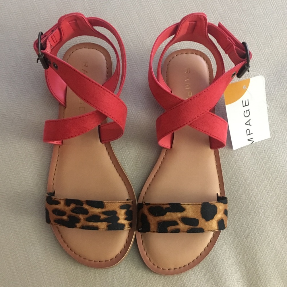 Rampage Coral/Leopard Strappy Flat Sandal